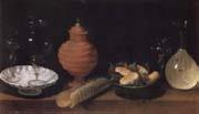 Juan van der Hamen y Leon Style life with glasses of ceramics and Geback oil